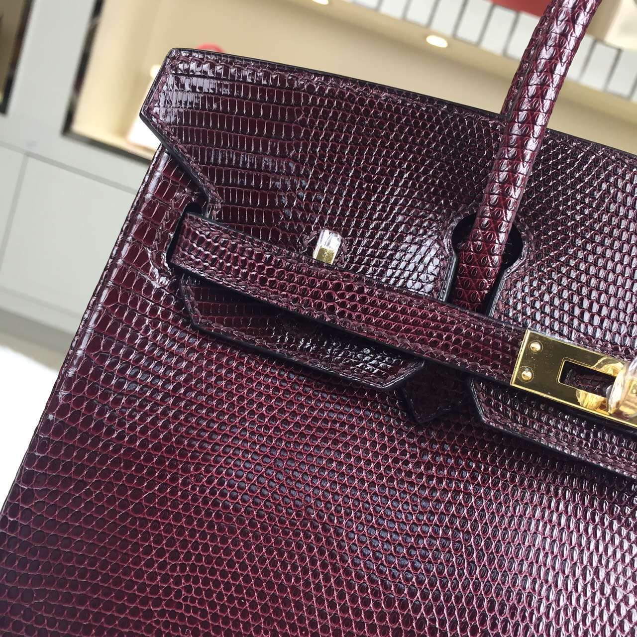 Wholesale Hermes Lizard Skin Leather Birkin25cm CK57 Bordeaux Red