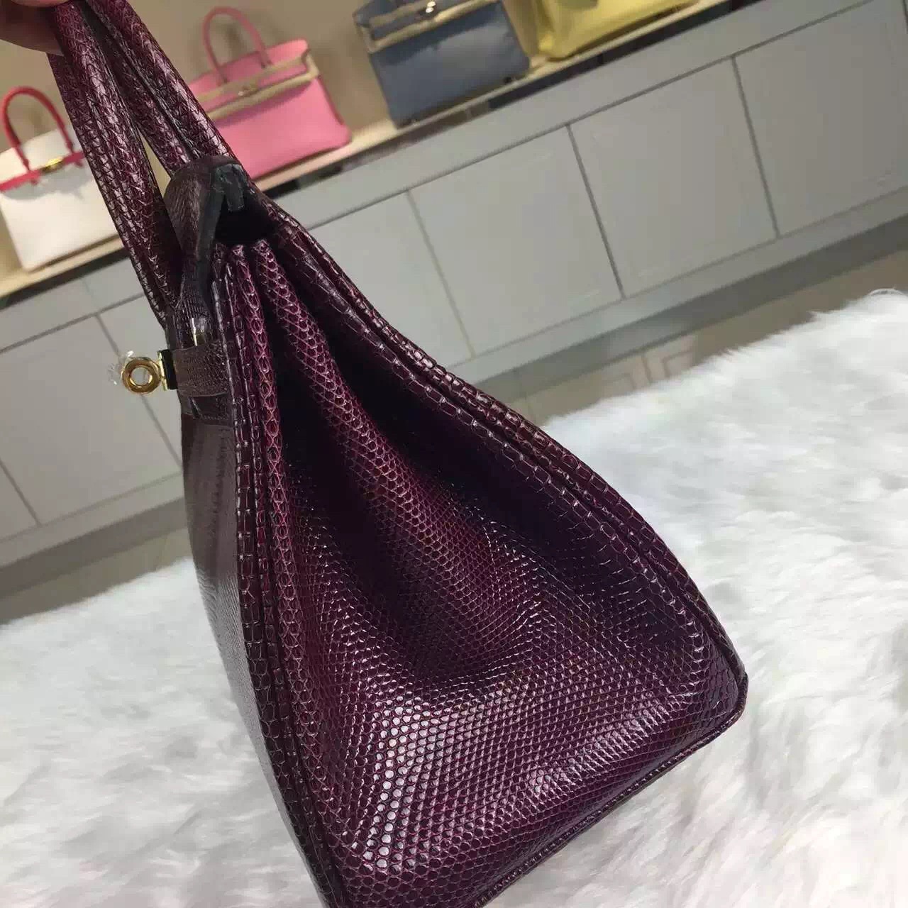 Wholesale Hermes Lizard Skin Leather Birkin25cm CK57 Bordeaux Red