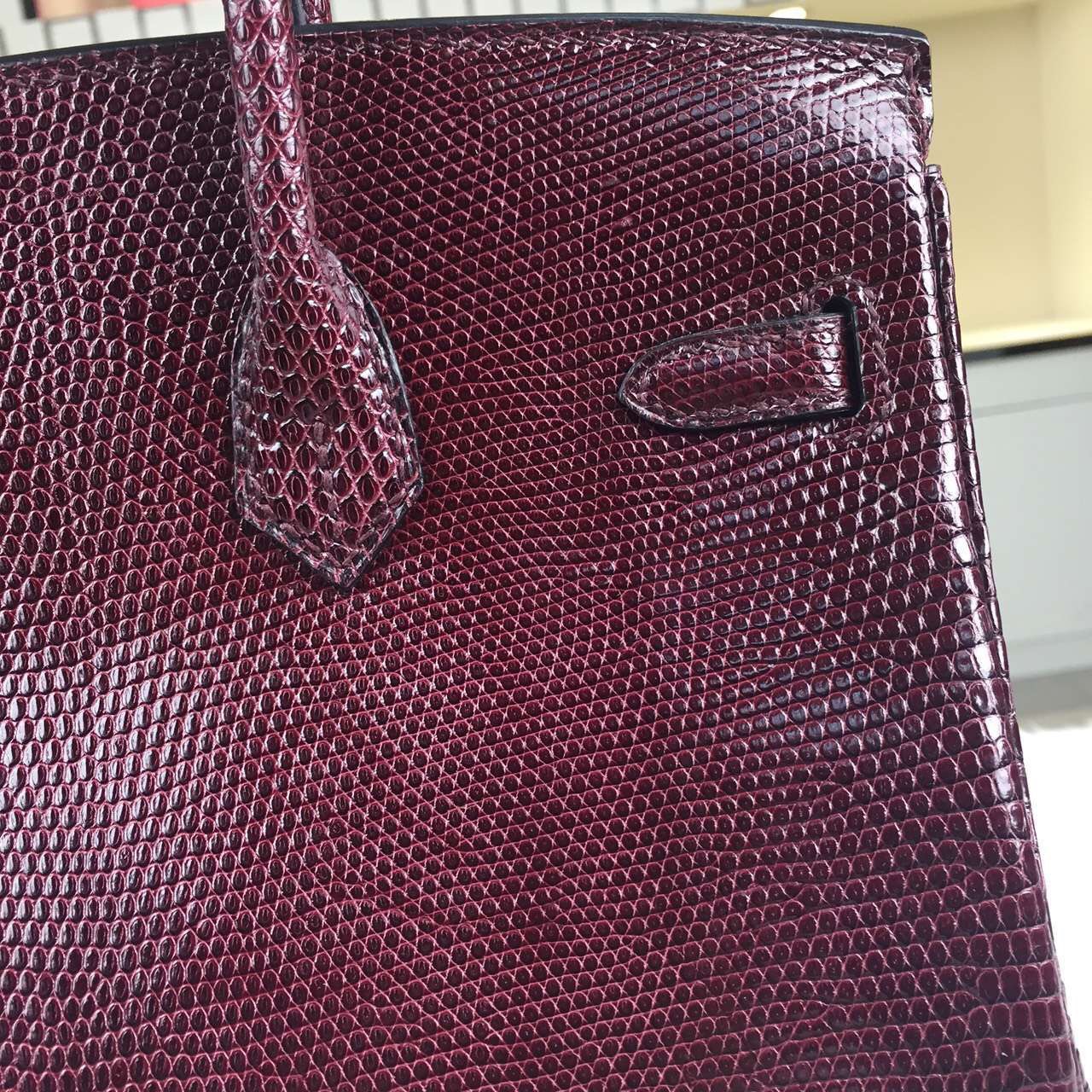 Wholesale Hermes Lizard Skin Leather Birkin25cm CK57 Bordeaux Red