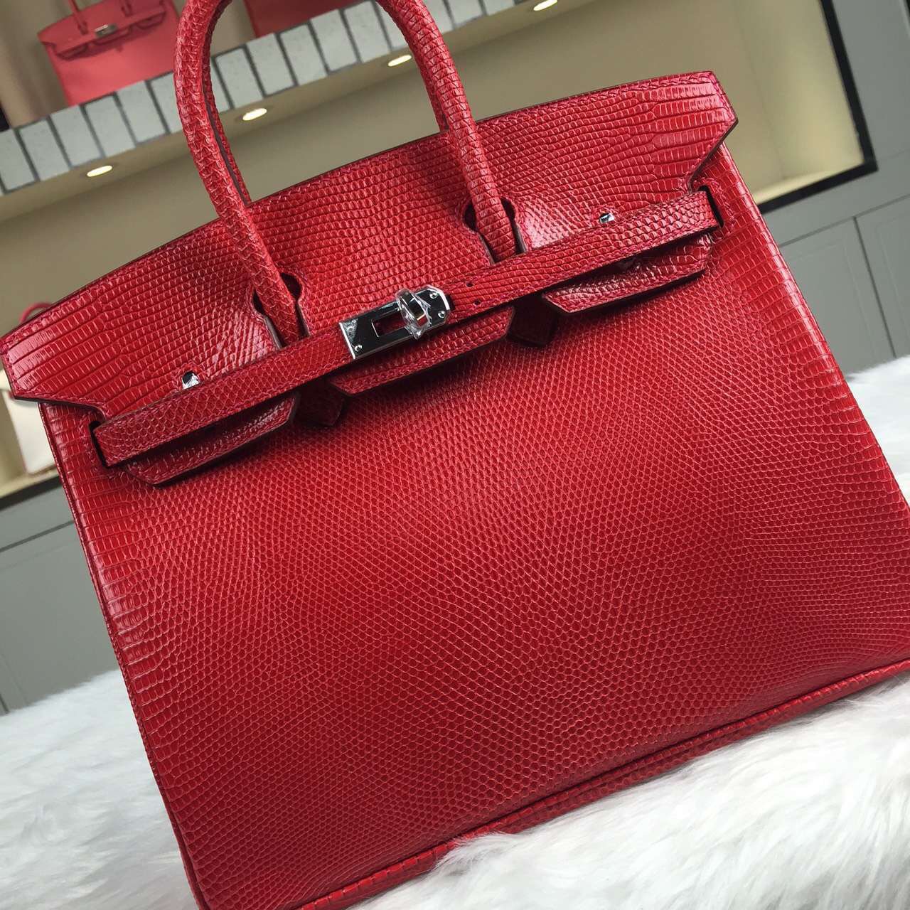 Fashion Hermes Q5 Rouge Casaque Shiny Lizard Leather Birkin Bag25cm