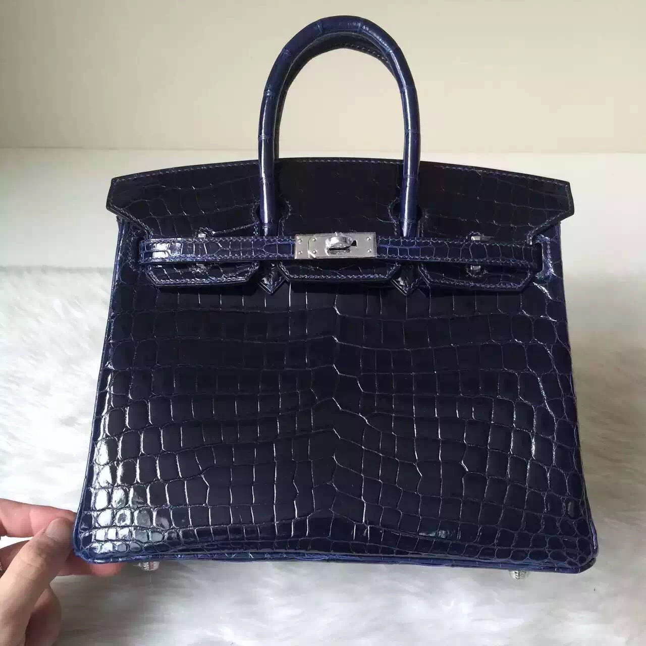 Discount Hermes Birkin25 Bag 7K Dark Blue Shiny Crocodile Leather