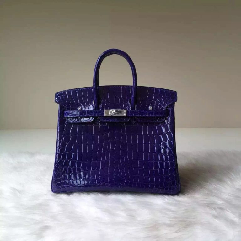 Hermes Bag Website 7T Blue Electric Crocodile Shiny Leather Birkin  25cm