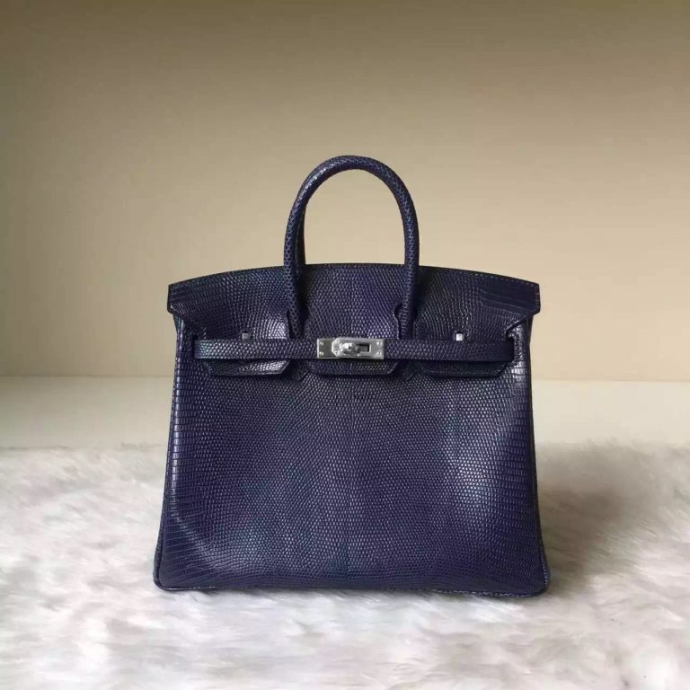 Womens Bag Hermes Birkin  25CM 7K Blue Saphir Shiny Lizard Leather