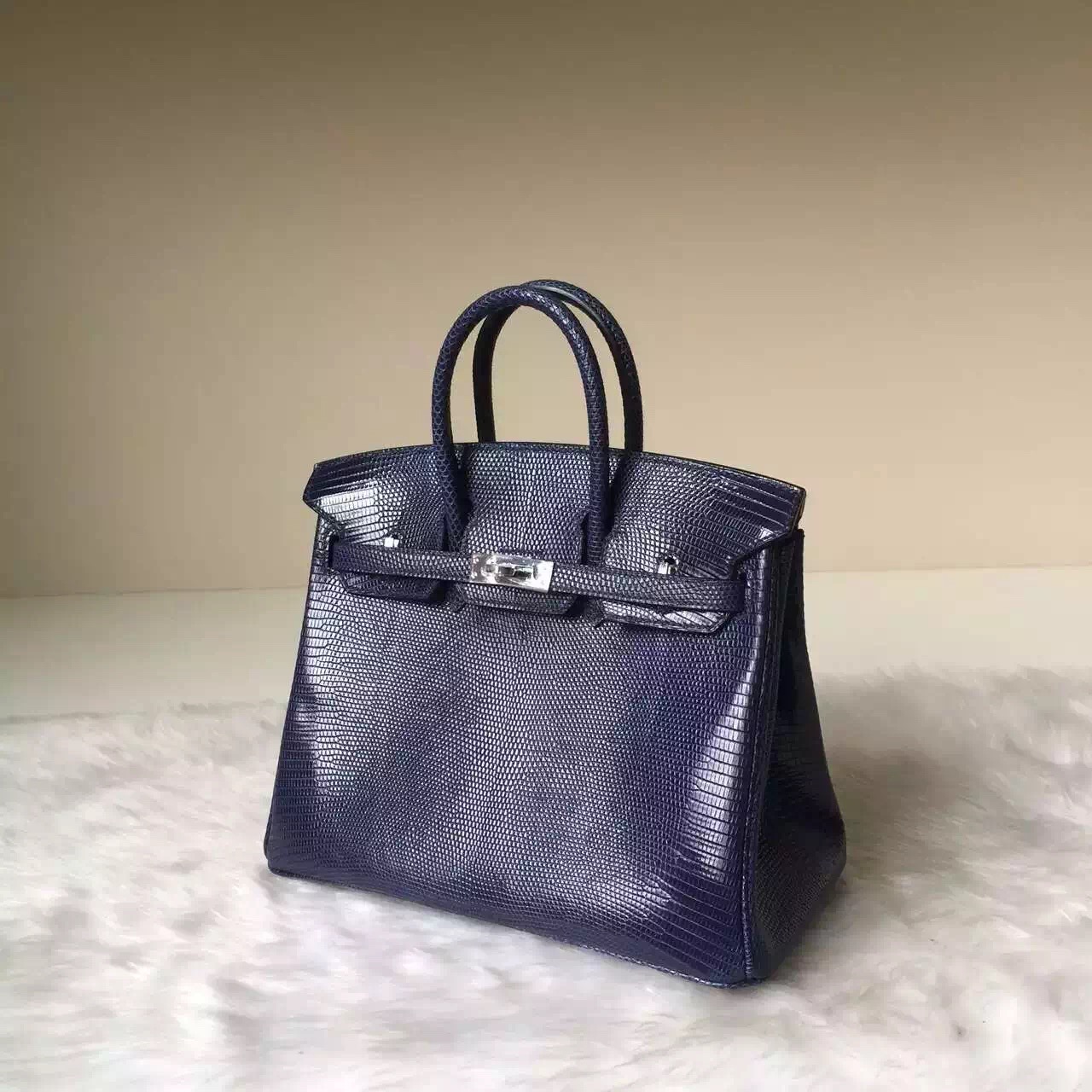 Elegant Women&#8217;s Bag Hermes Birkin 25CM 7K Blue Saphir Shiny Lizard Leather