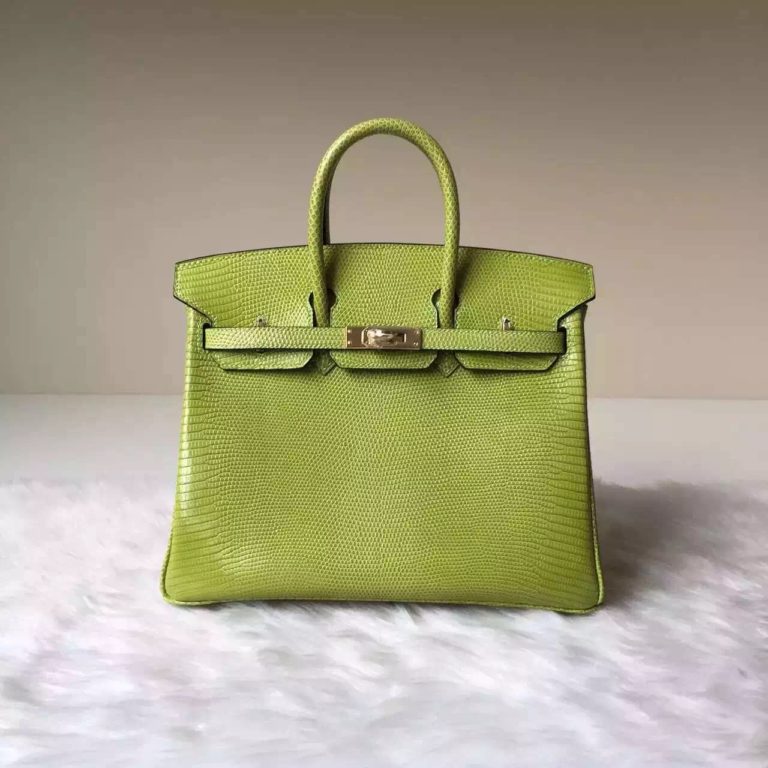 Hermes 6R Kiwi Color Shiny Lizard Leather Birkin Bag 25cm