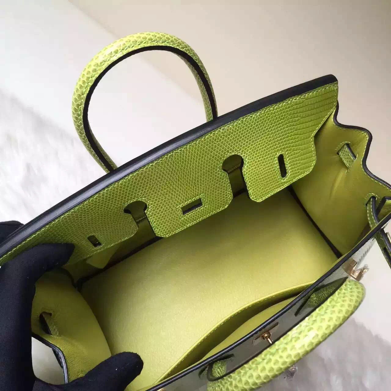 New Hermes 6R Kiwi Color Shiny Lizard Leather Birkin Bag25cm