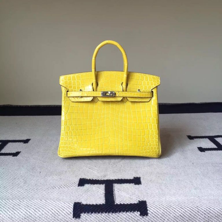 Hermes M9 Lemone Yellow Crocodile Shiny Leather Birkin 25cm Bag