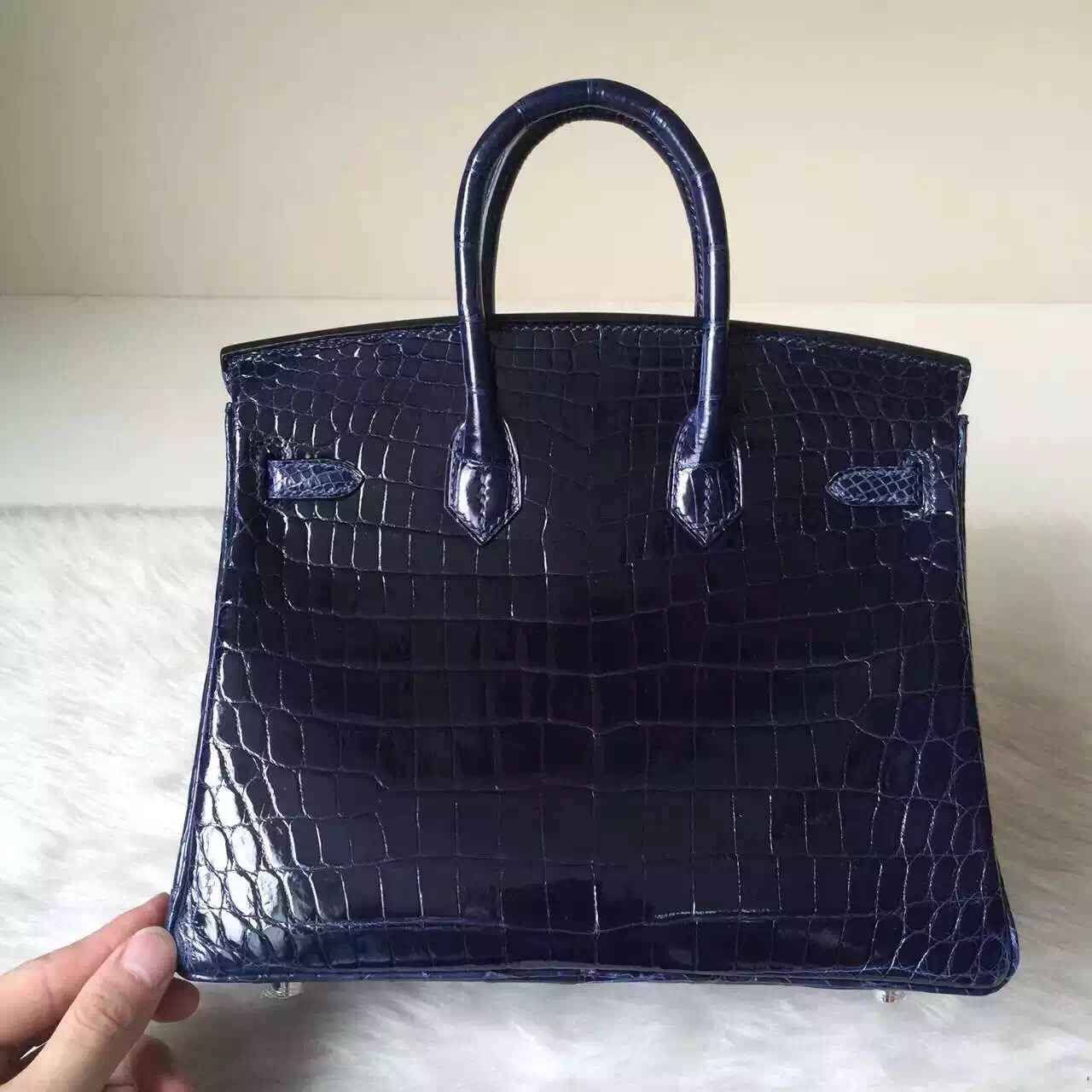 Wholesale Hermes 73 Blue Saphir Crocodile Shiny Leather Birkin Bag25cm
