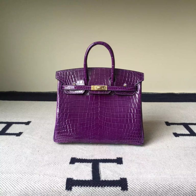 On Hermes Grape Purple Crocodile Shiny Leather Birkin Bag  25cm