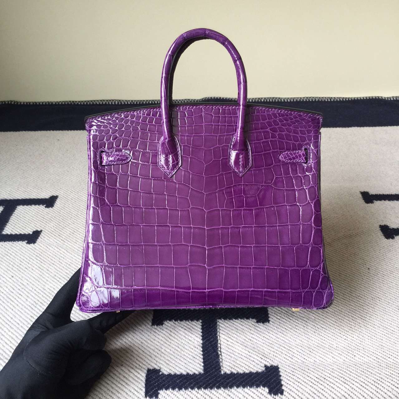On Sale Hermes Grape Purple Crocodile Shiny Leather Birkin Bag 25cm