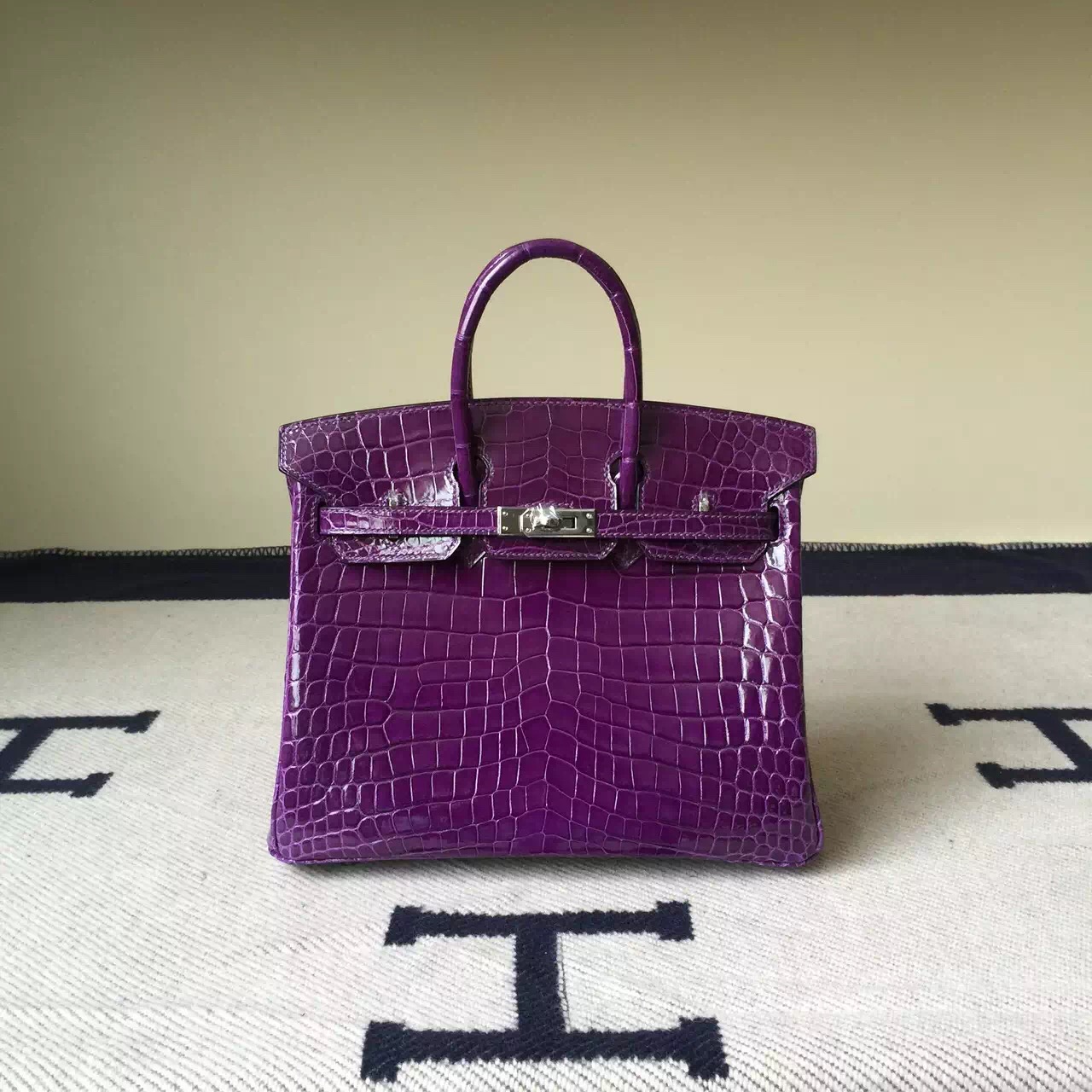 On Sale Hermes Grape Purple Crocodile Shiny Leather Birkin Bag 25cm