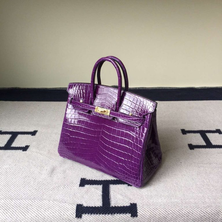 Hand Stitching Hermes Birkin Bag  25cm in Violet Purple Crocodile Leather