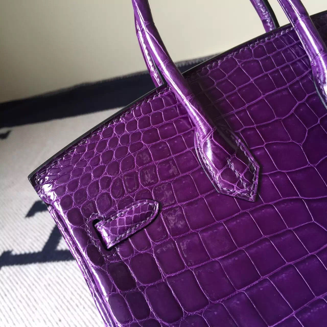 Hand Stitching Hermes Birkin Bag 25cm in Violet Purple Crocodile Leather