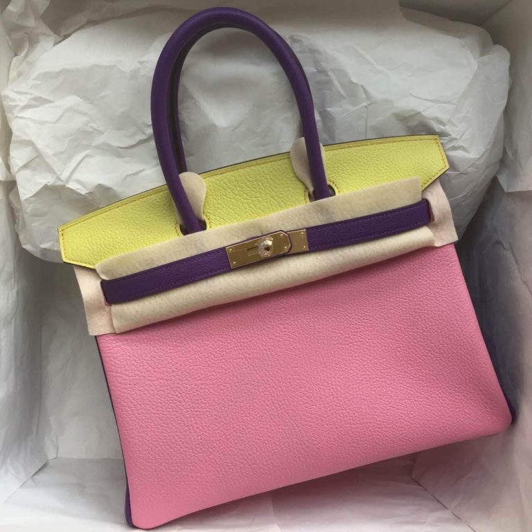 Hermes Birkin Bag  30cm Purple & Yellow & Pink Chevre Leather Handbag