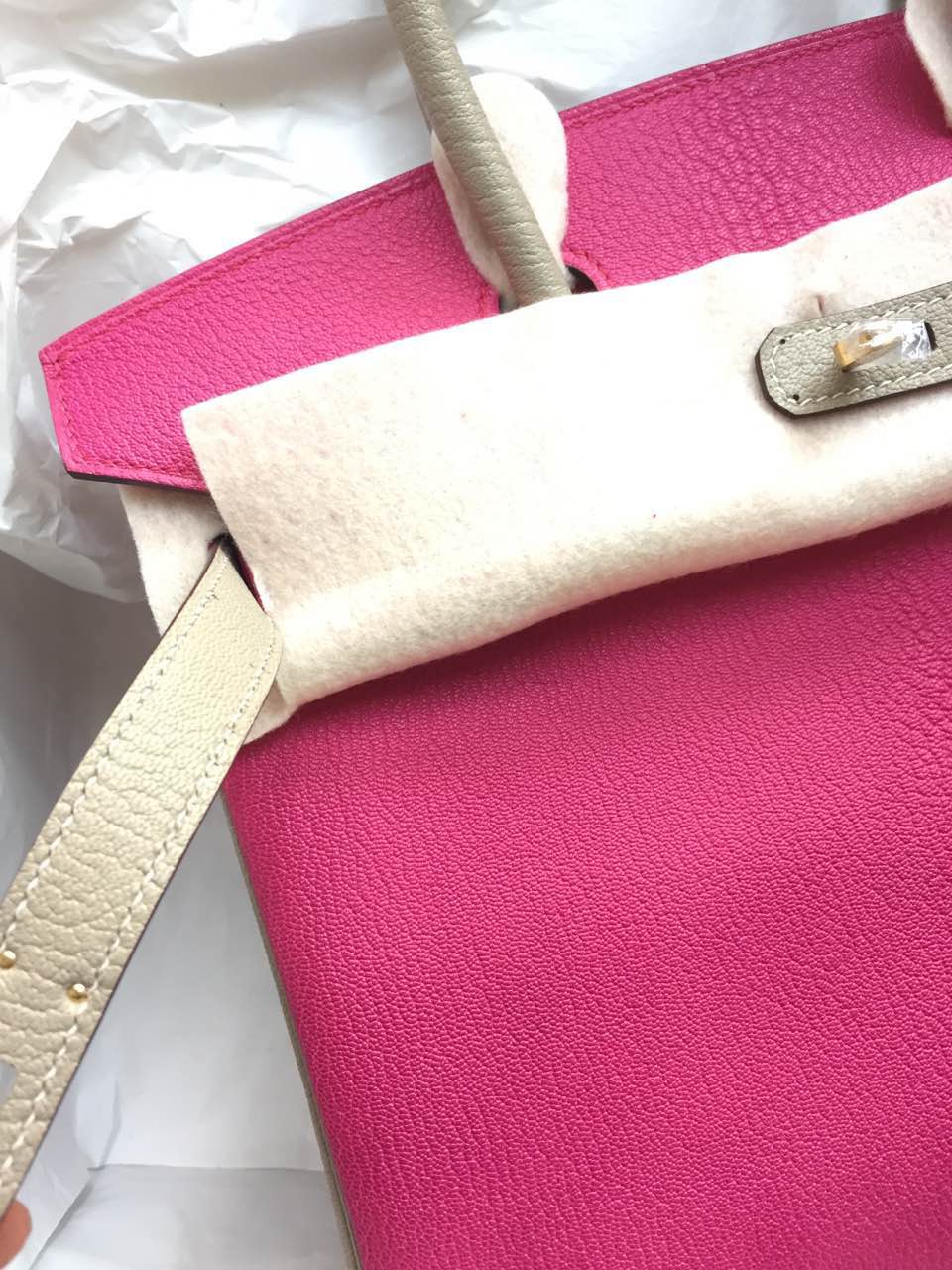 30cm Hermes Birkin Bag E5 Rose Tyrien/Light Grey Chevre Leather Tote Bag