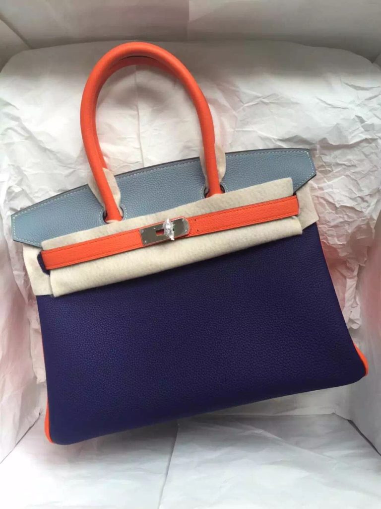 9K Iris Purple/J7 Blue Lin/Orange Togo Leather Hermes Birkin Bag  30cm