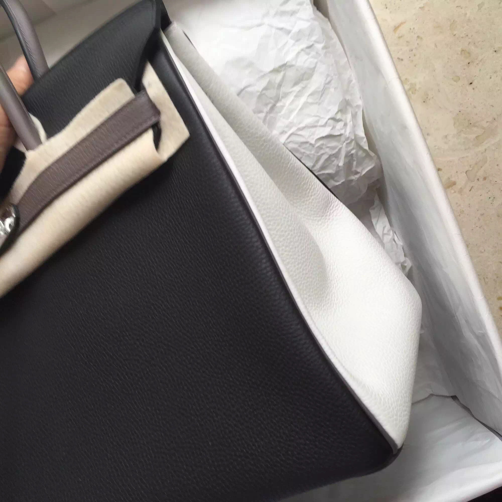 Discount Hermes Black/White/Etain Grey Togo Leather Birkin Bag 30cm Online