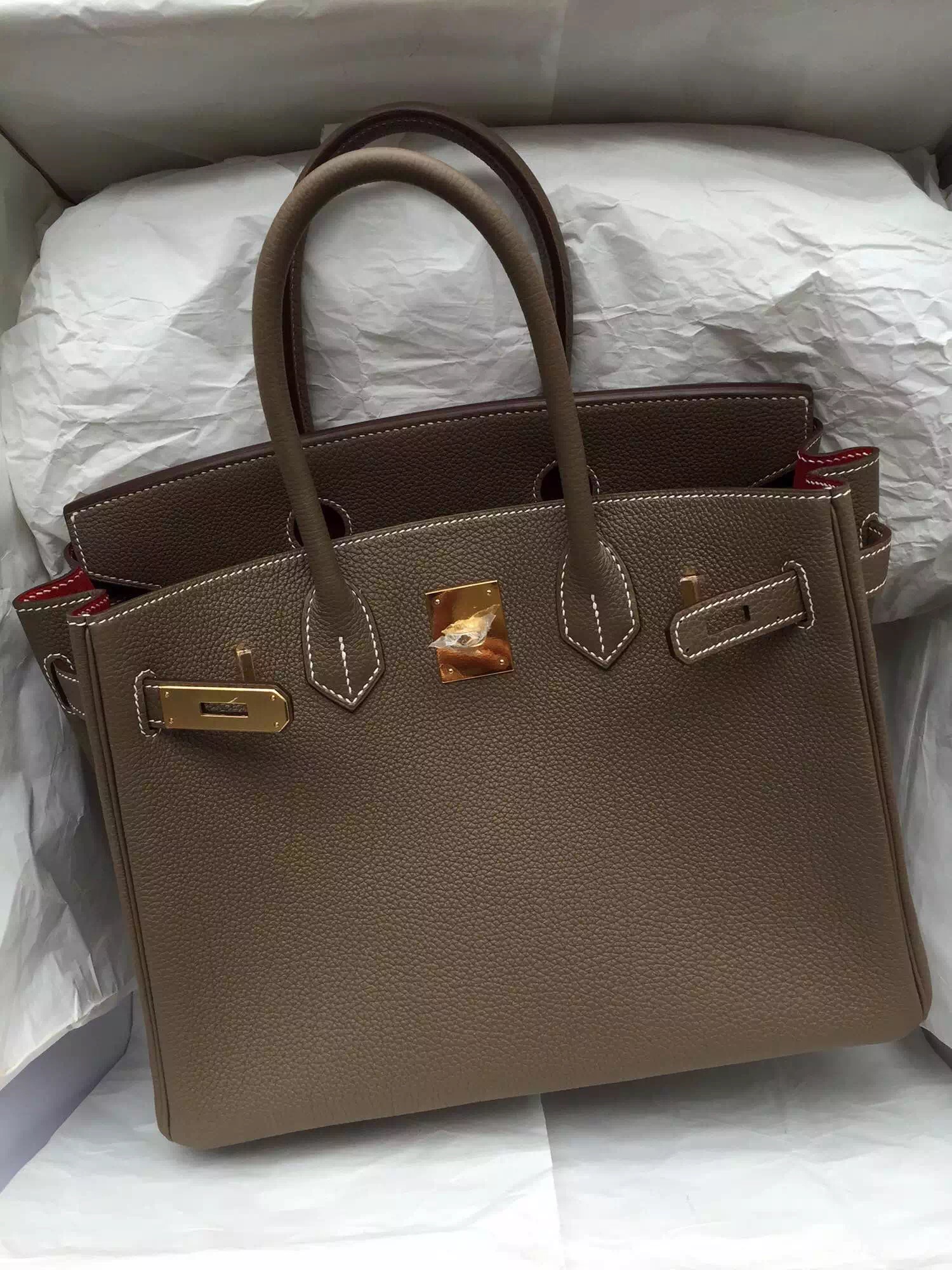 Sale Hermes Birkin Bag Etoupe Grey/Q5 Red Togo Leather Women&#8217;s Tote Handbag