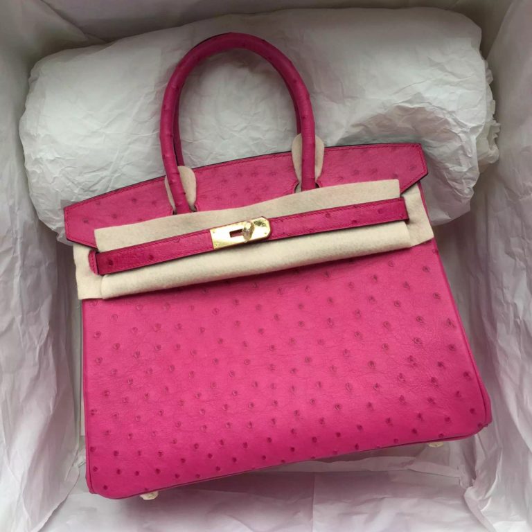 Hand Stitching Pink Ostrich Leather Hermes Birkin Bag  30CM Gold Hardware