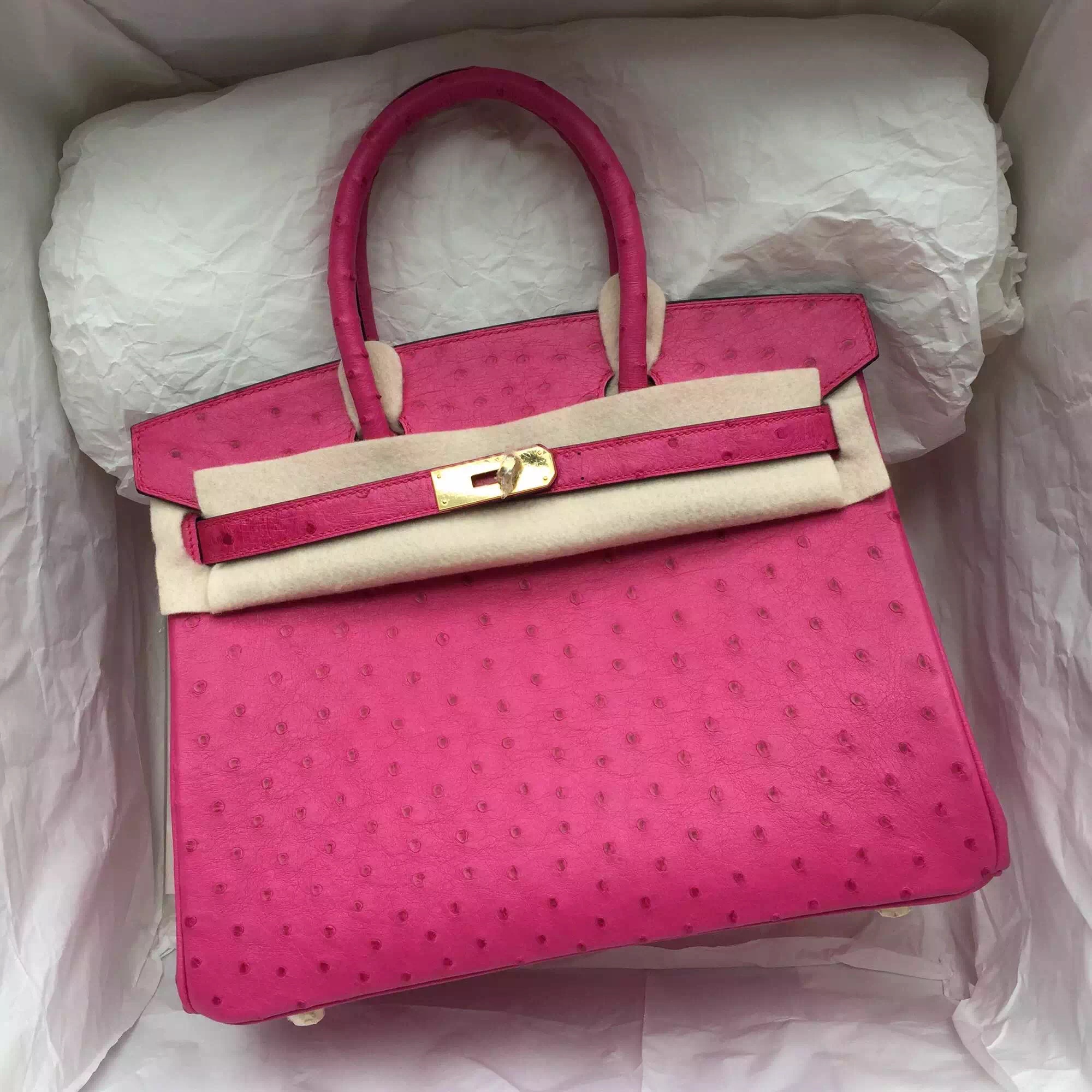 Hand Stitching Hot Pink Ostrich Leather Hermes Birkin Bag 30CM Gold Hardware