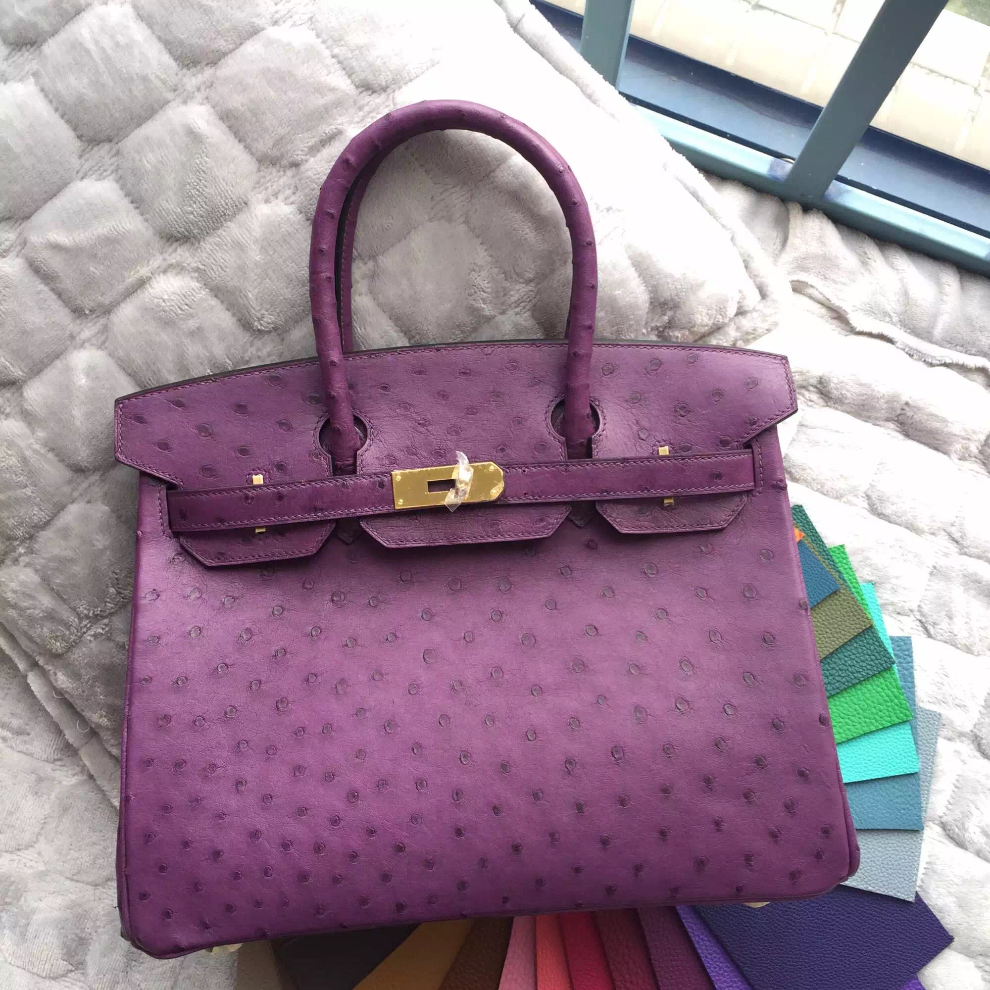Elegant Hermes Birkin 30CM in 5C Violet Purple Ostrich Leather Handbag