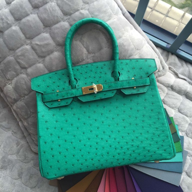 6Q Emerald Green Ostrich Leather Hermes Birkin Bag  30CM Gold Hardware