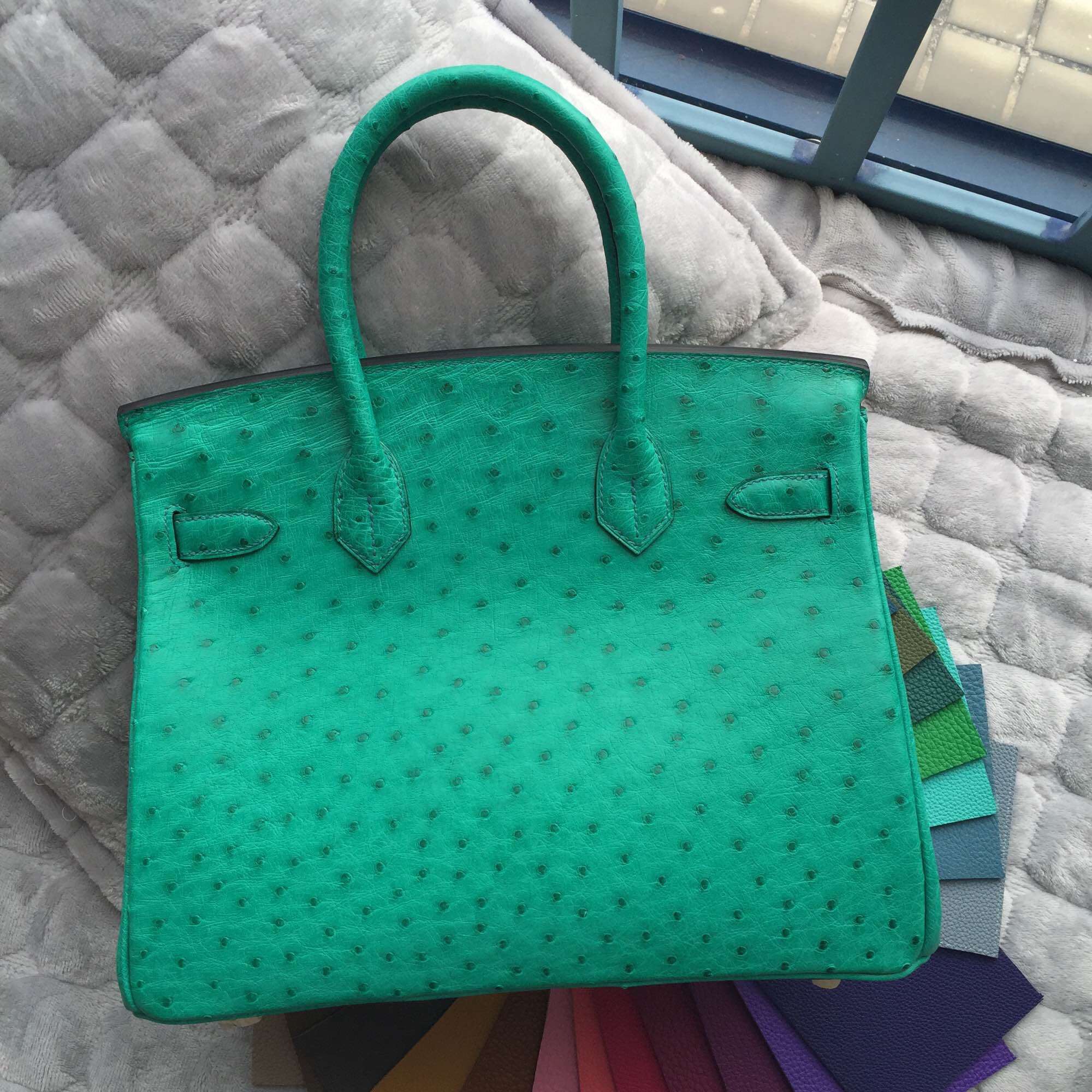 6Q Emerald Green Ostrich Leather Hermes Birkin Bag 30CM Gold Hardware