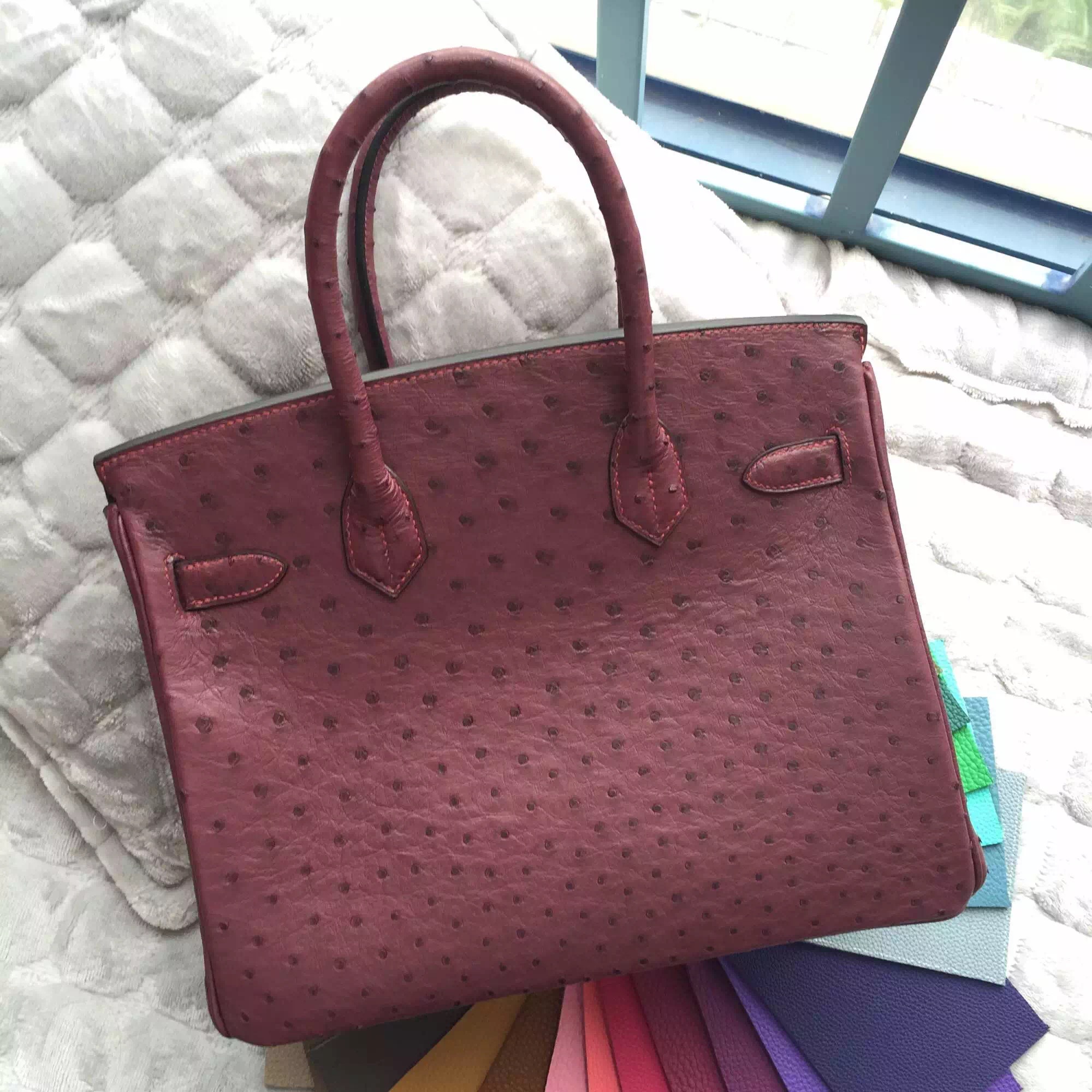 Wholesale B5 Ruby Red Ostrich Leather Hermes Birkin Bag 30CM Ladies&#8217;s Tote Bag