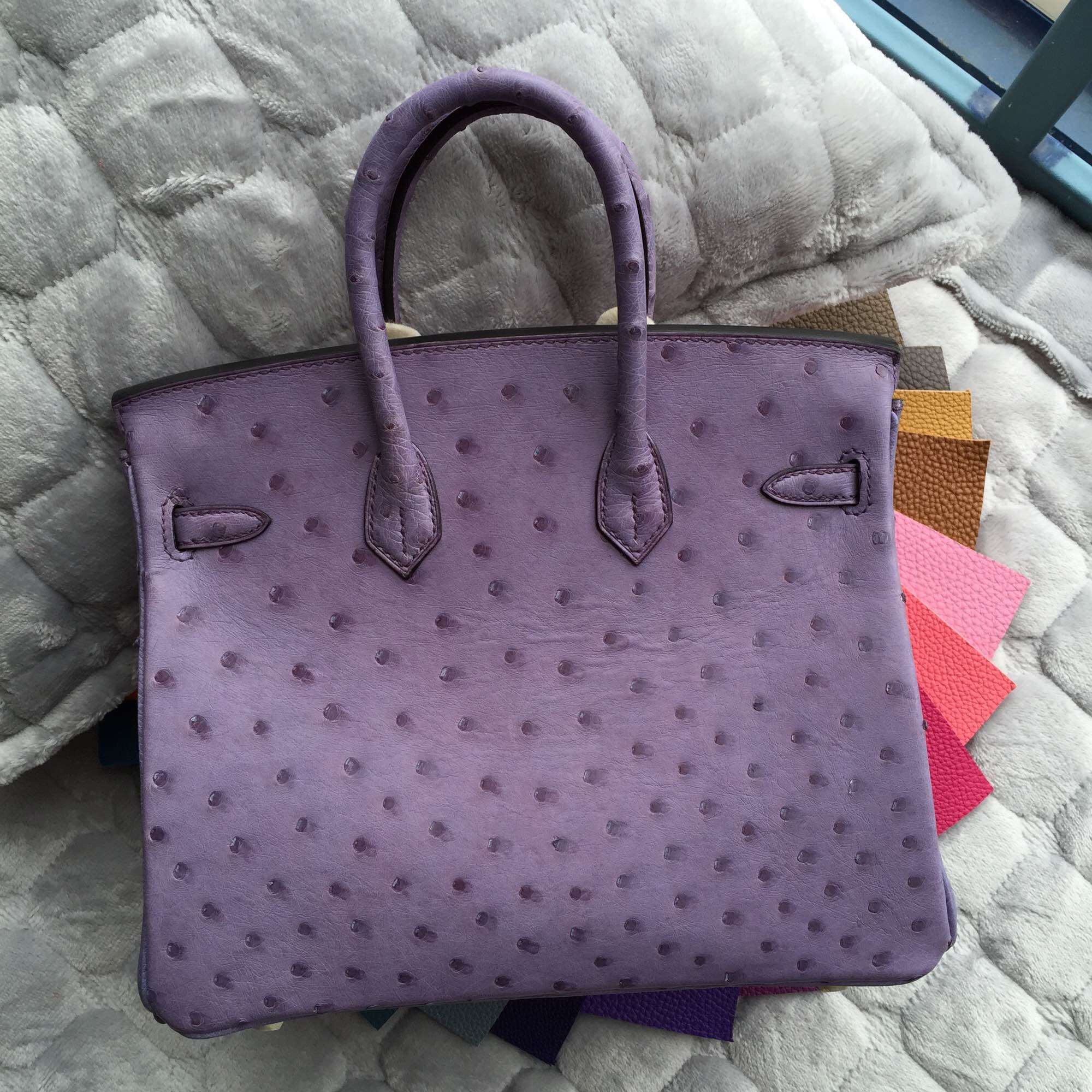 Discount 25CM Hermes Birkin Bag in Light Purple Ostrich Leather Silver Hardware