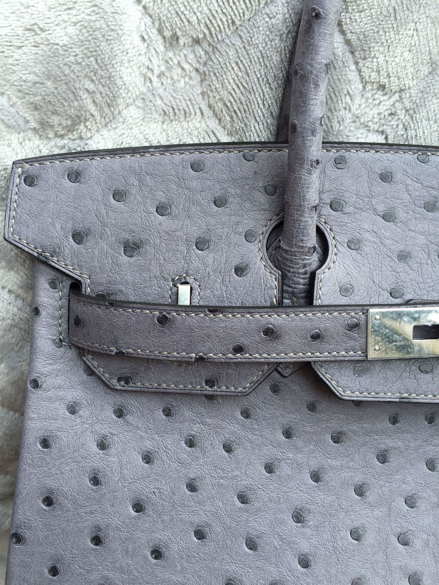 Hand Stitching Hermes Birkin Bag 30 Mousse Grey Ostrich Leather Silver Hardware