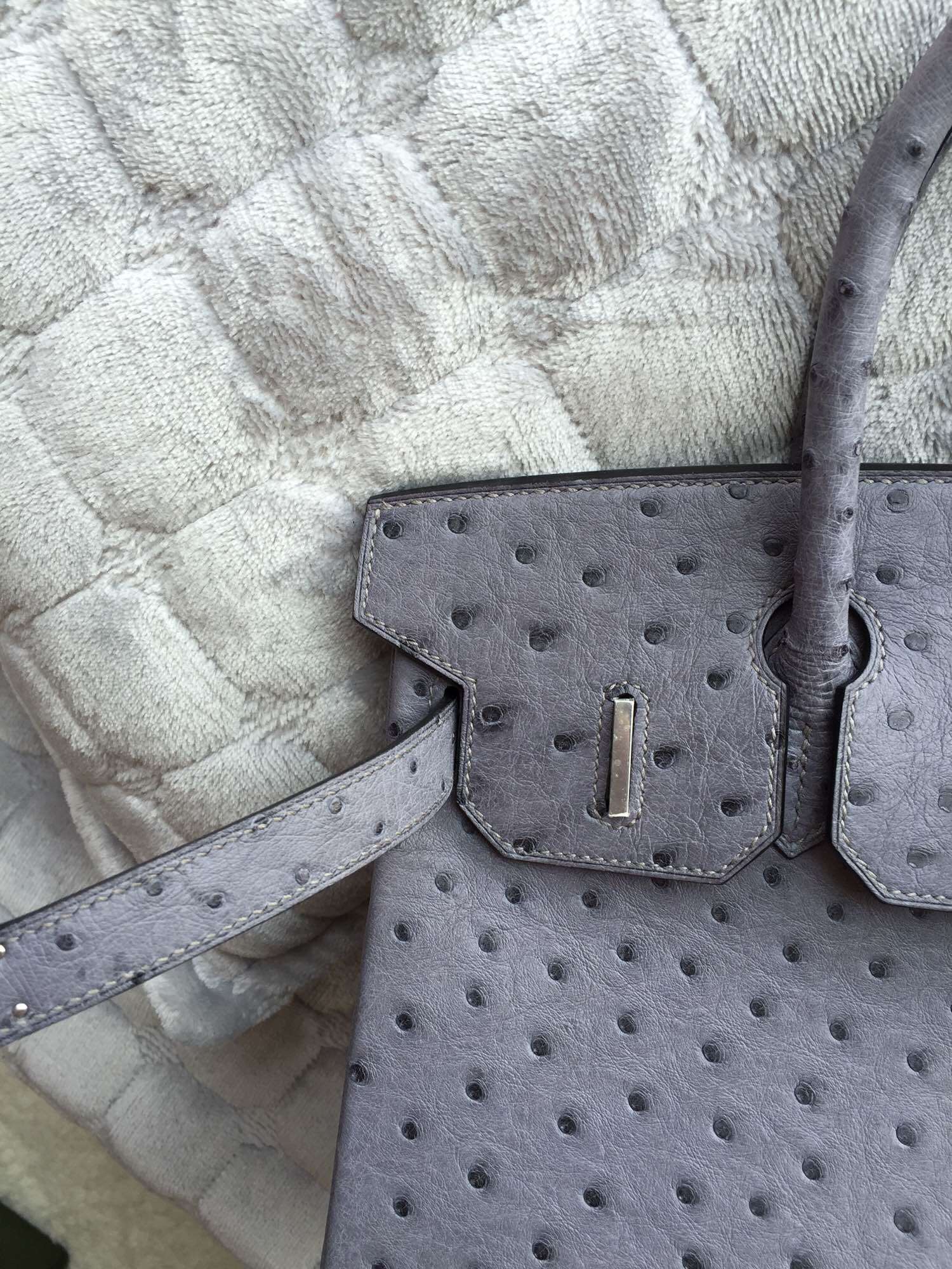 Hand Stitching Hermes Birkin Bag 30 Mousse Grey Ostrich Leather Silver Hardware