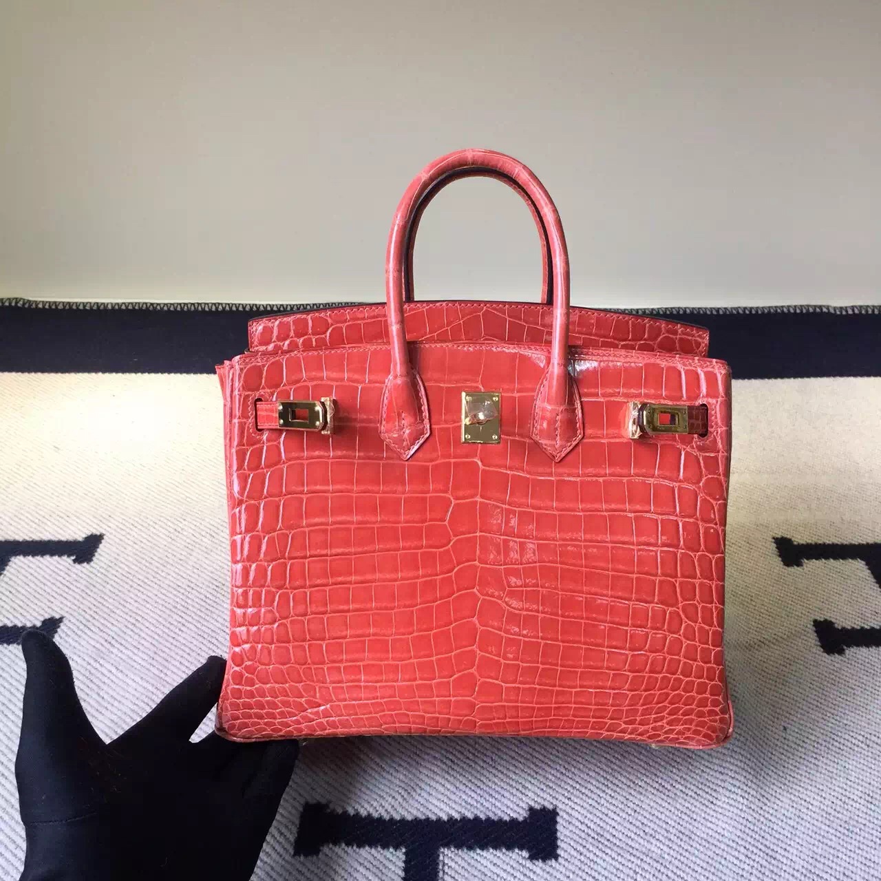 Hermes I5 Flamingo Crocodile Shiny Leather Birkin Bag 25cm