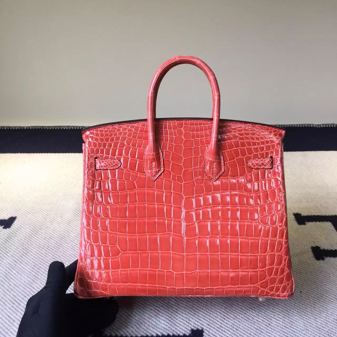 Hermes I5 Flamingo Crocodile Shiny Leather Birkin Bag 25cm