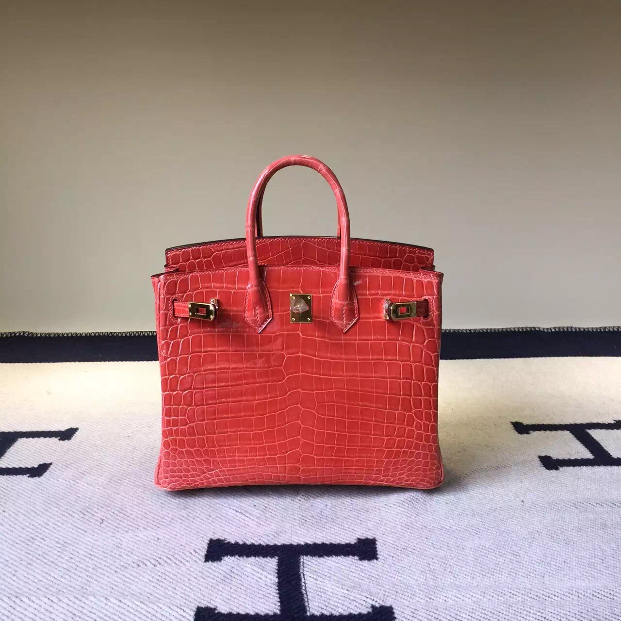Hermes I5 Flamingo Crocodile Shiny Leather Birkin Bag 25cm