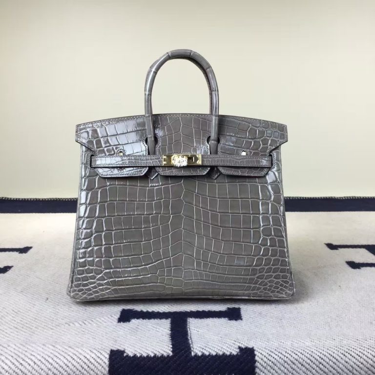 Hermes CK 18 Etoupe Grey Crocodile Shiny Leather Birkin Bag  25cm