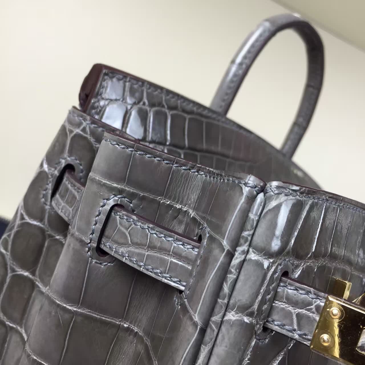 Fashion Hermes CK18 Etoupe Grey Crocodile Shiny Leather Birkin Bag 25cm