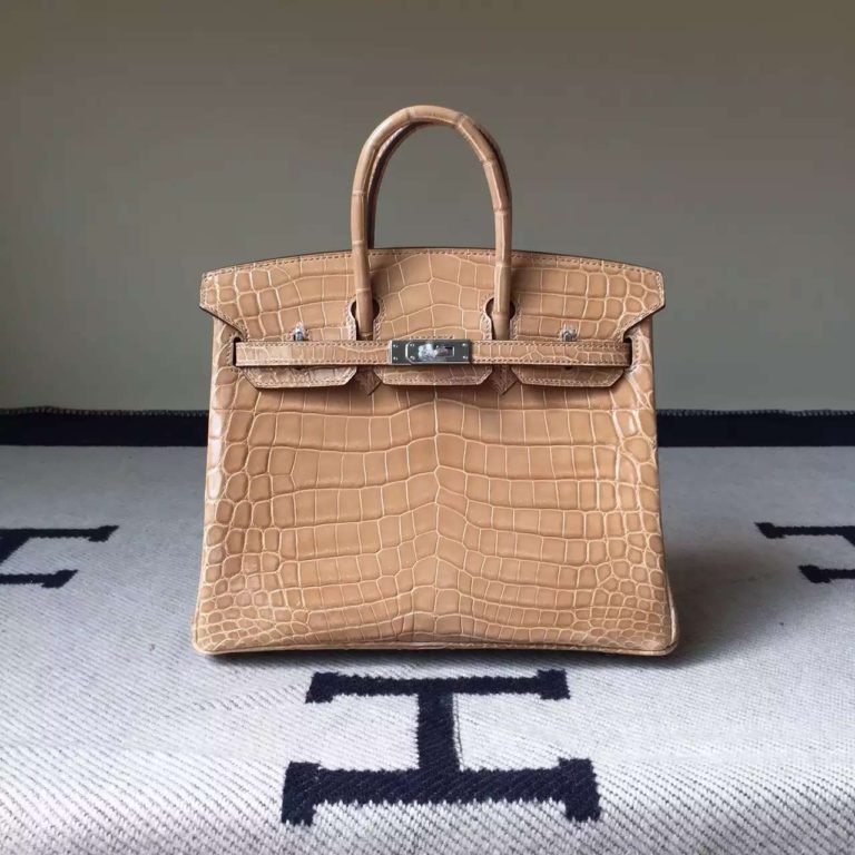 Hermes Apricot Crocodile Shiny Leather Birkin Bag  25cm