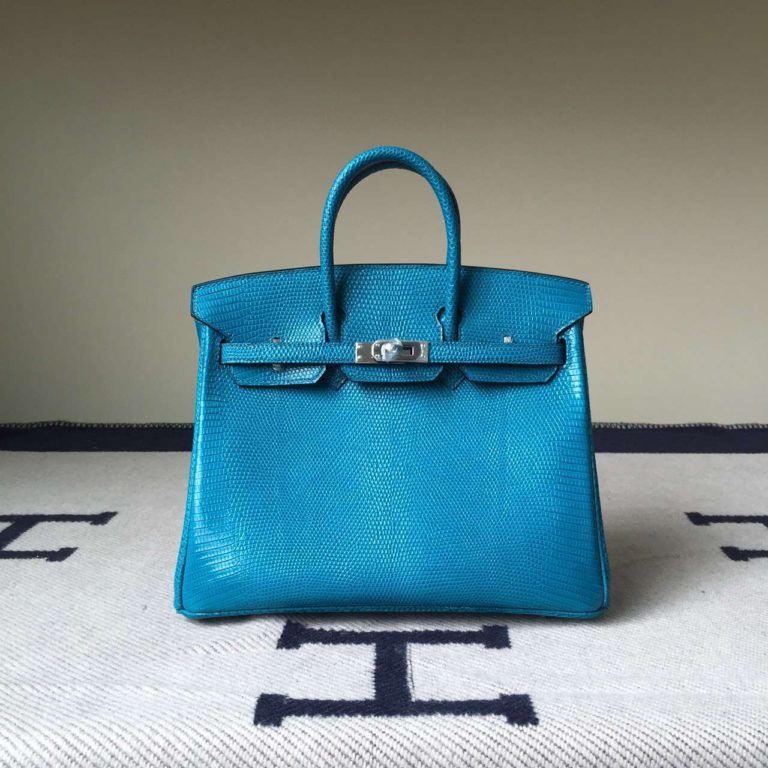 Hermes 7W Blue Izmir Lizard Skin Leather Birkin Bag  25cm