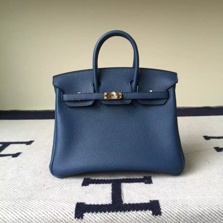 Hermes Togo Calfskin Leather Birkin 25cm Bag in Blue Duck