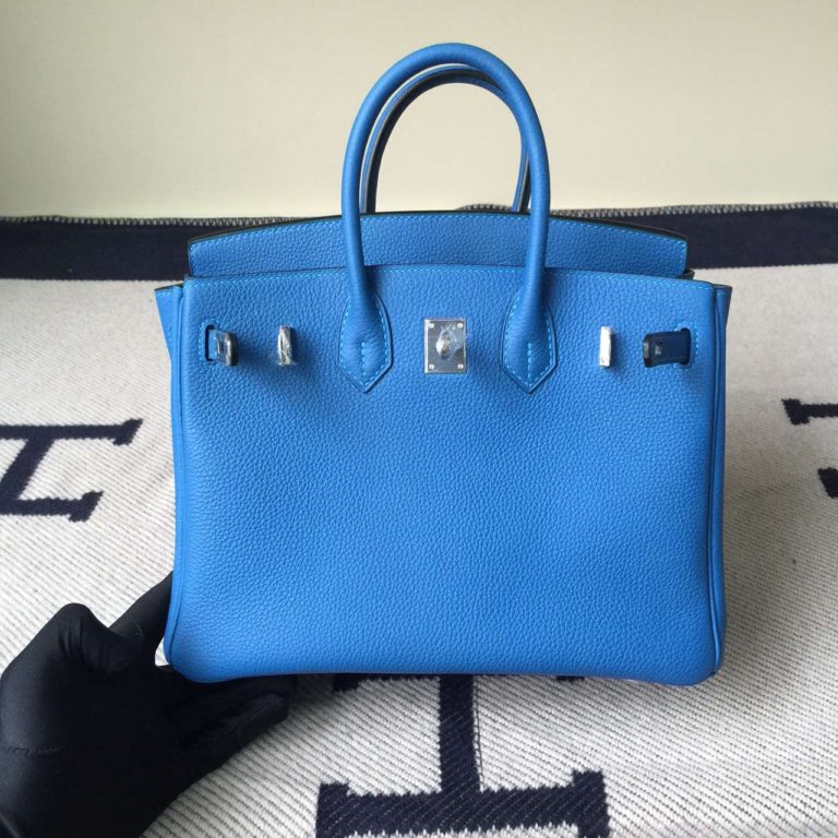 Hand Stitching Hermes Birkin 25cm 7Q Mykono Blue Togo Leather Handbag