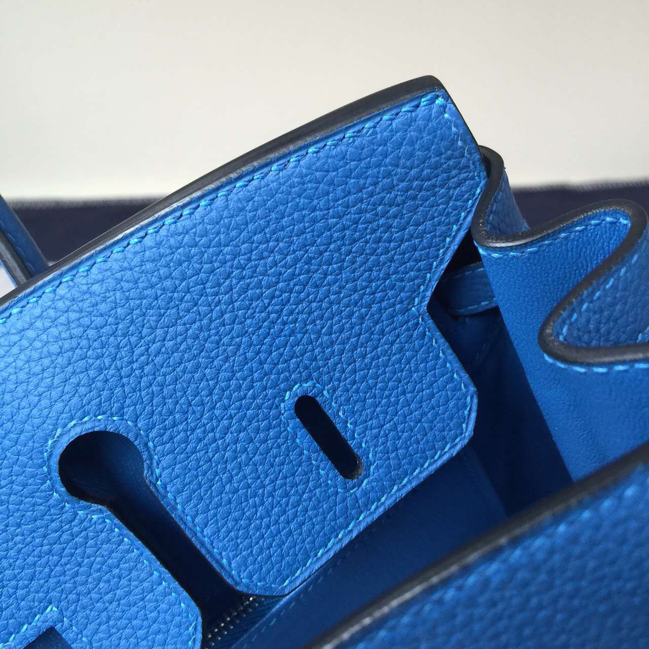 Hand Stitching Hermes Birkin25cm 7Q Mykono Blue Togo Leather Handbag