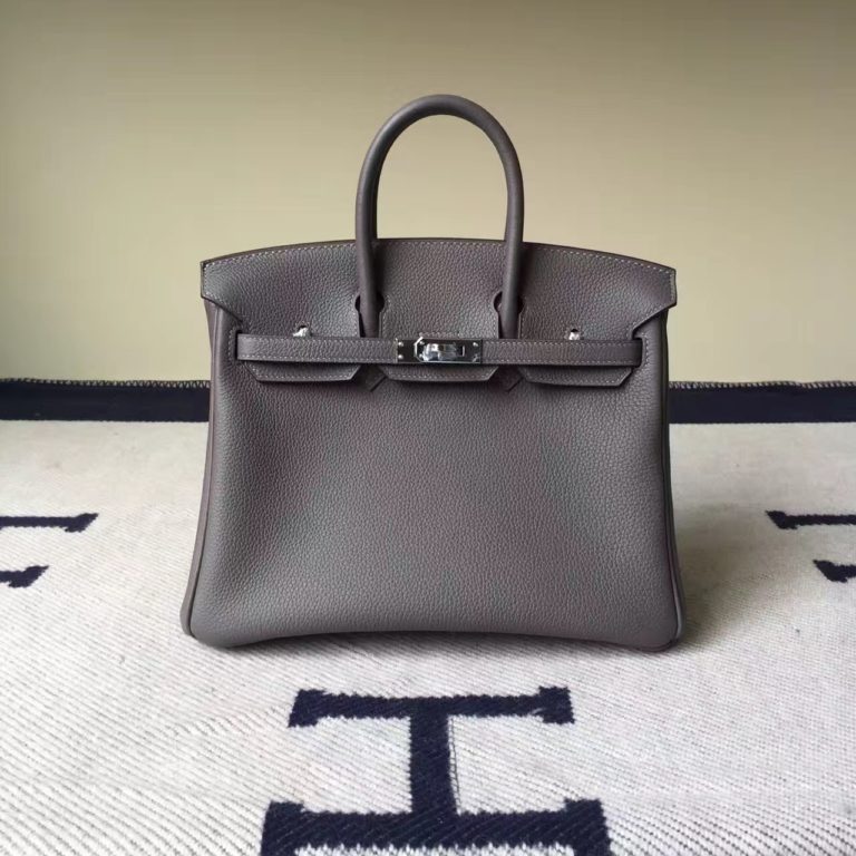 Hermes 8F Etain Grey Togo Calf Leather Birkin Bag  25cm