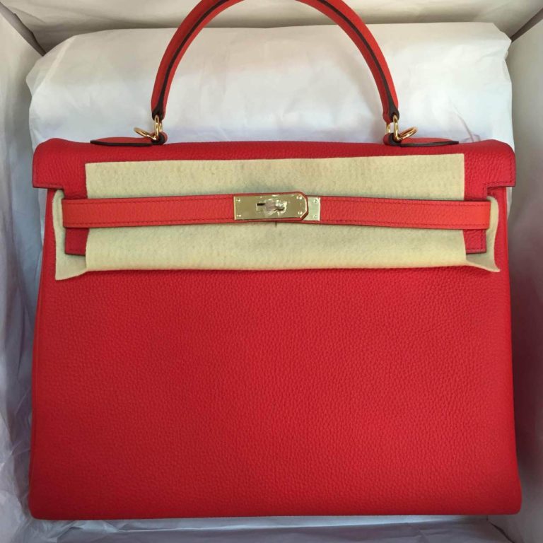 Hermes Kelly Bag 35cm Retourne Q5 Candy Red & 9T Flame Red Togo Calfskin Leather Handbag