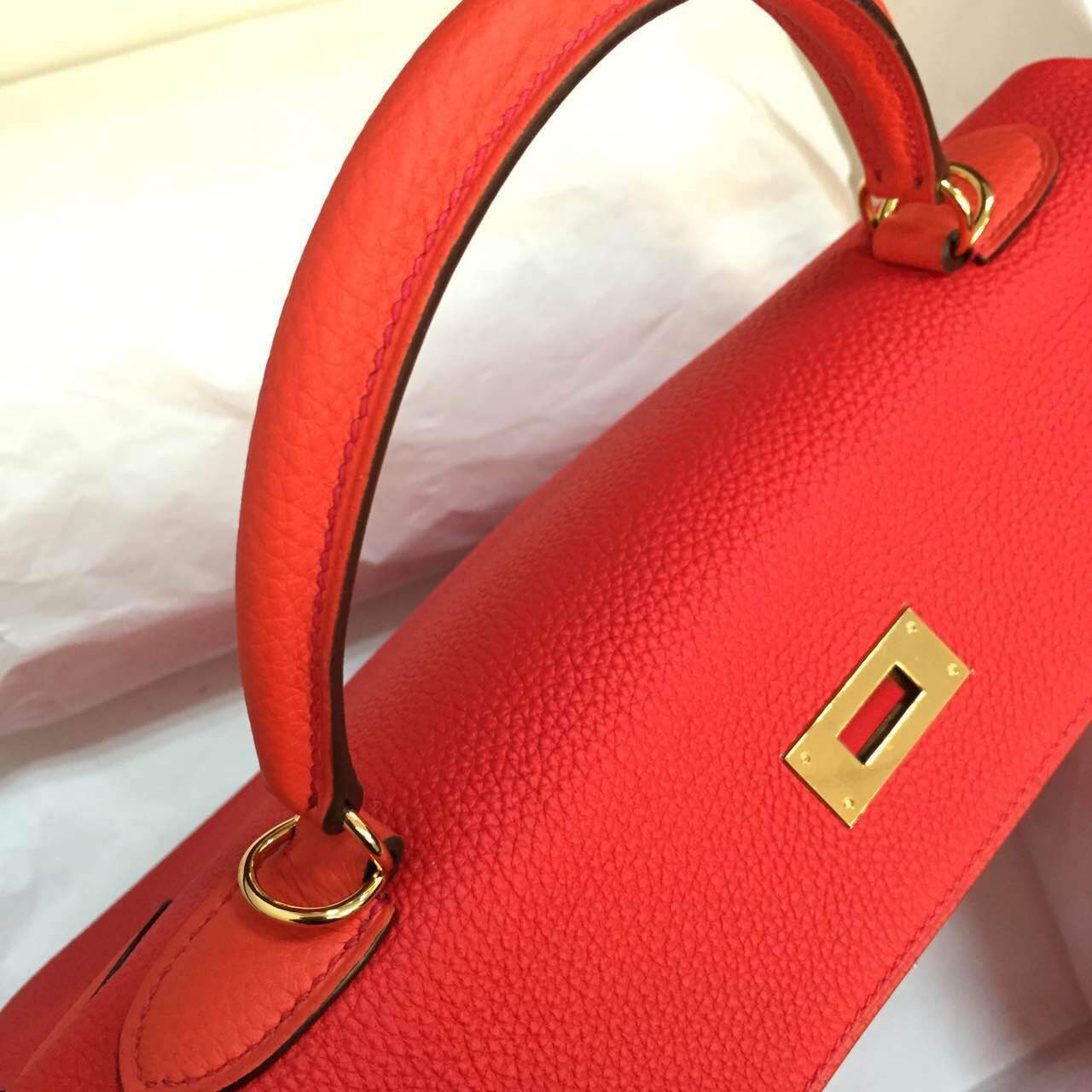Cheap Hermes Kelly Bag35cm Retourne Q5 Candy Red &#038; 9T Flame Red Togo Calfskin Leather Handbag
