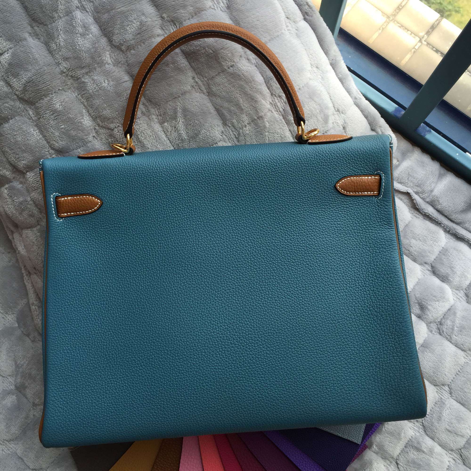 Hand Stitching Hermes Kelly Bag 35CM Blue Jean/Light Coffee Togo Leather Gold Hardware