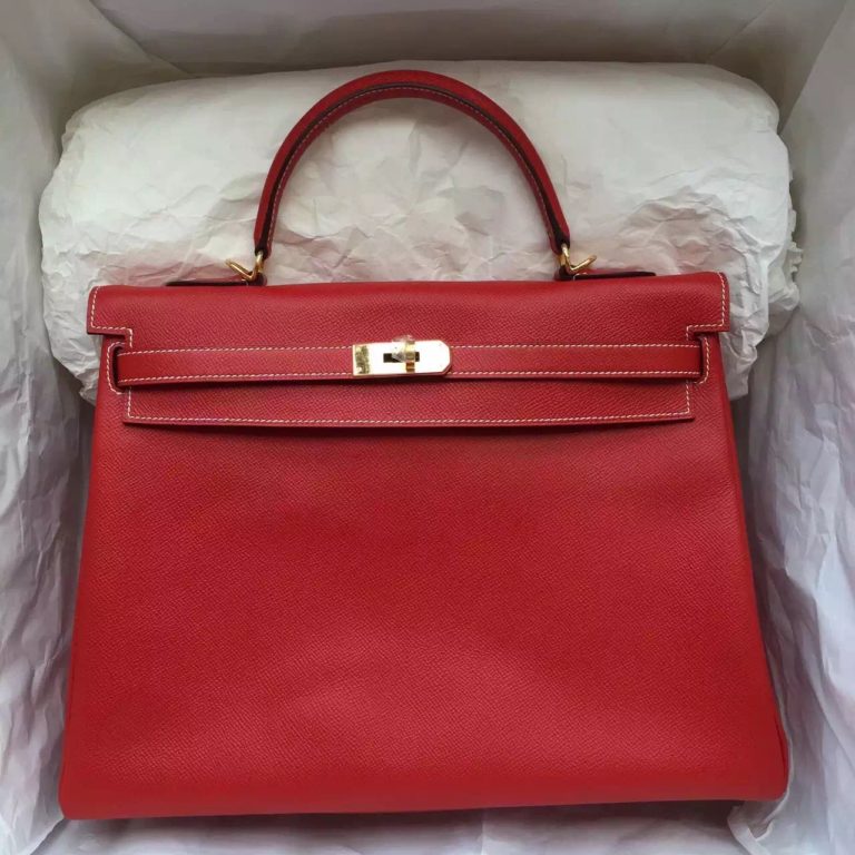 Hermes Kelly Bag  35CM Chinese Red Epsom Leather with White Stitching Line