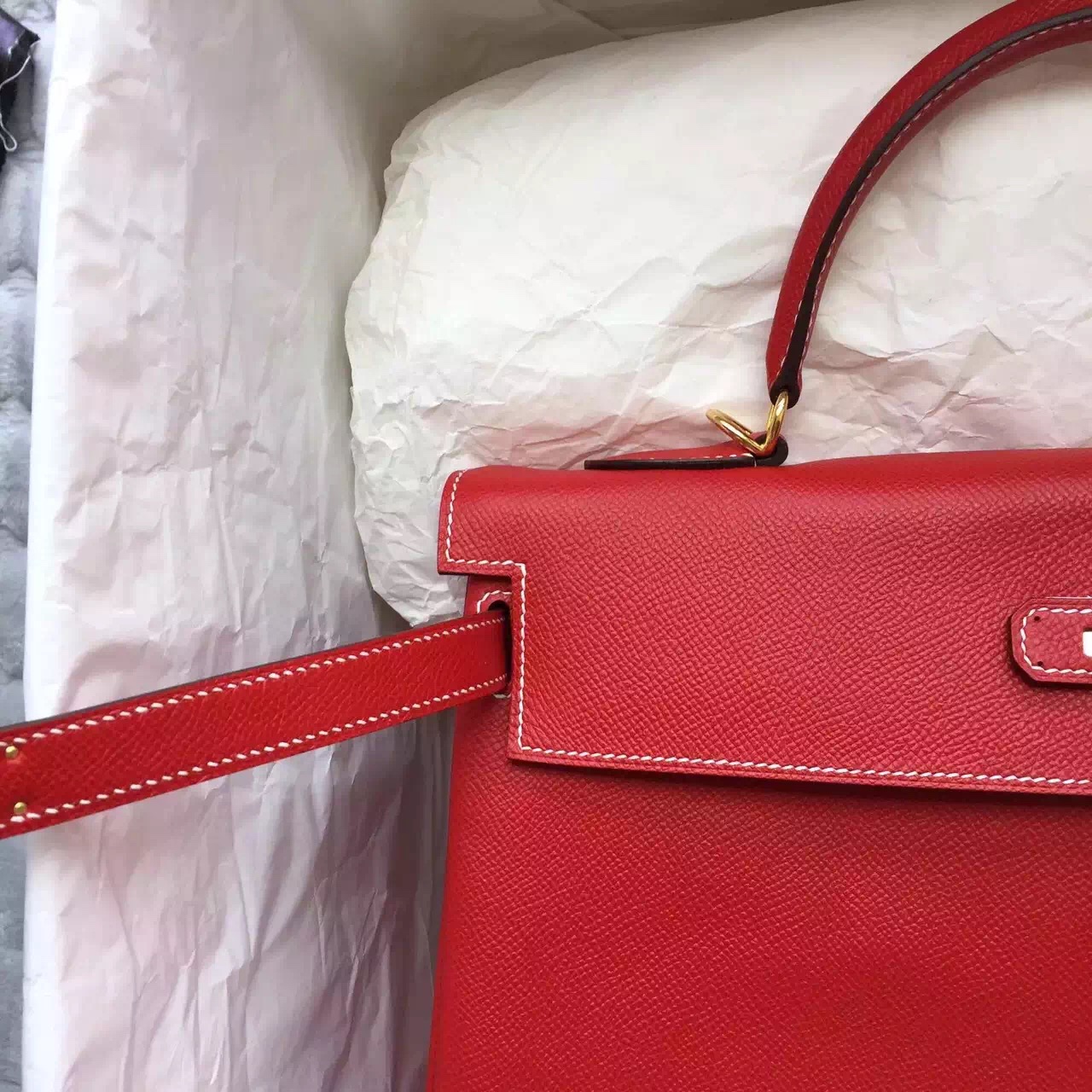 Discount Hermes Kelly Bag 35CM Chinese Red Epsom Leather with White Stitching Line