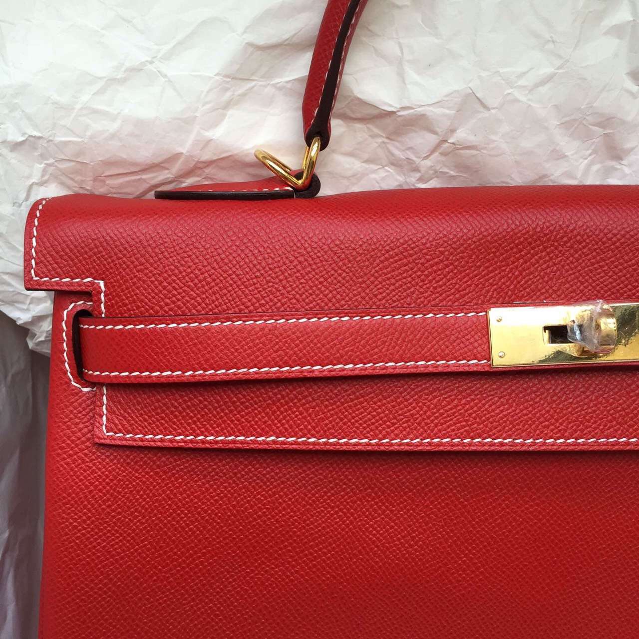 Discount Hermes Kelly Bag 35CM Chinese Red Epsom Leather with White Stitching Line