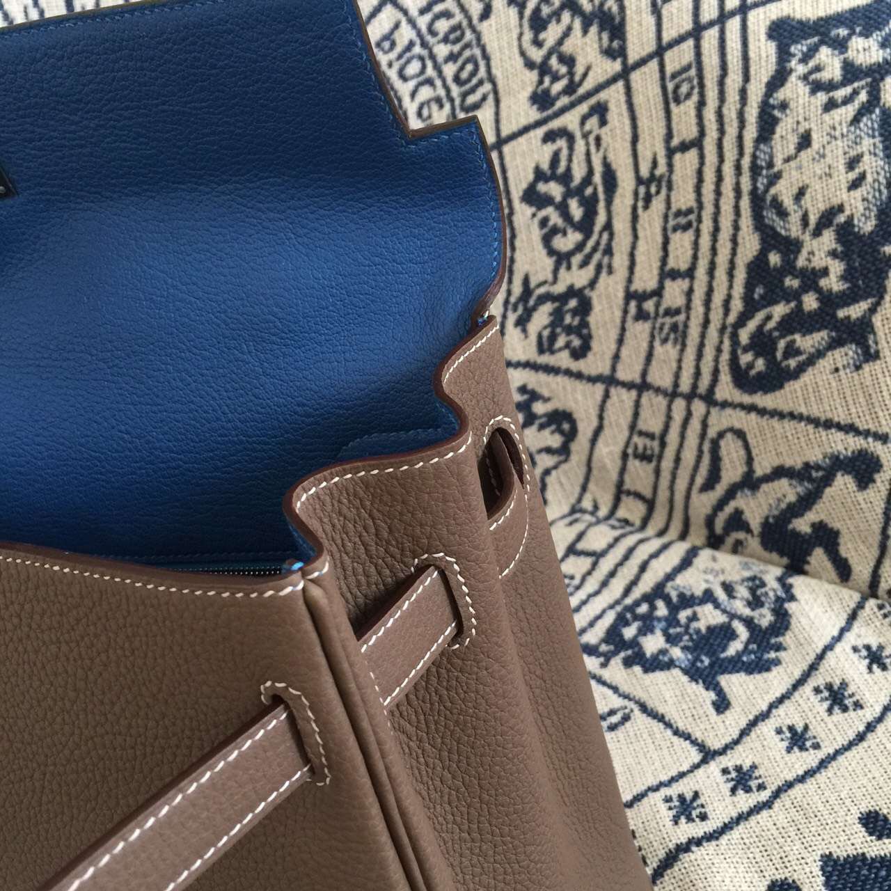 Wholesale Hermes Etoupe Grey/7Q Cribe Blue inner Togo Leather Kelly Bag 35CM Retourne