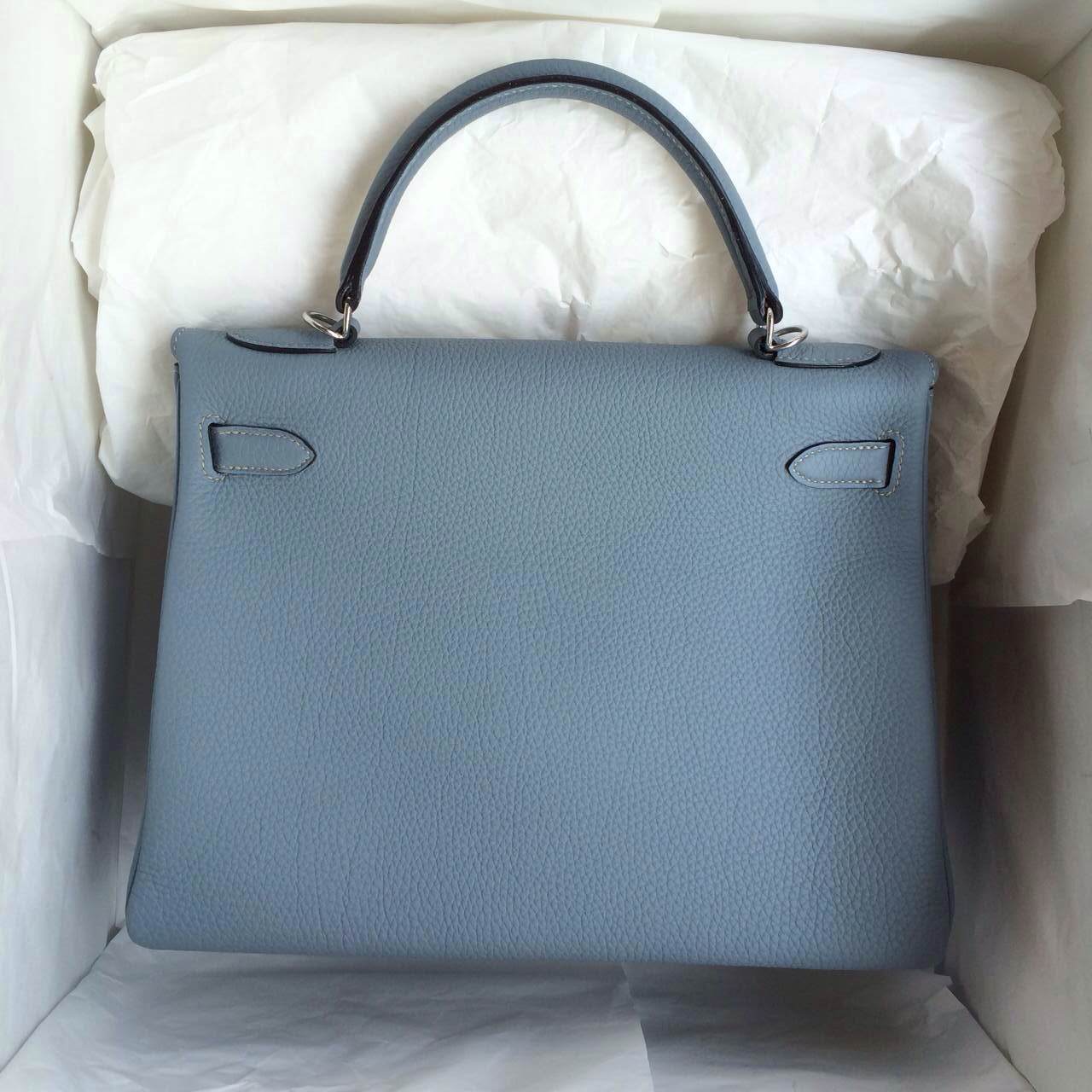 Hermes Birkin Bag 32cm Retourne J7 Blue Lin Togo Leather Silver Hardware
